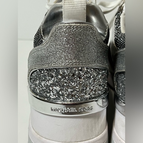 Michael Kors Crista Silver White Mixed Media Wedge Sneakers Glitter Women’s 9.5 - Picture 7 of 12